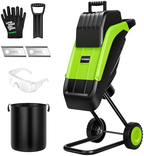 VIVOSUN 15Amp Electric Wood Chipper/Shredder with Wheels, Equipped with 50L Collection Bag, Additional Blades & Carbon Brushes, Cleaning Rod, Gloves & Goggles, Green