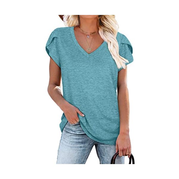 WIHOLL-Womens-Tops-V-Neck-Summer-Petal-Sleeve-Casual-Tshirts WIHOLL Womens Short Sleeve Tshirts Lightweight Loose Casual Tops GreyGreen L
