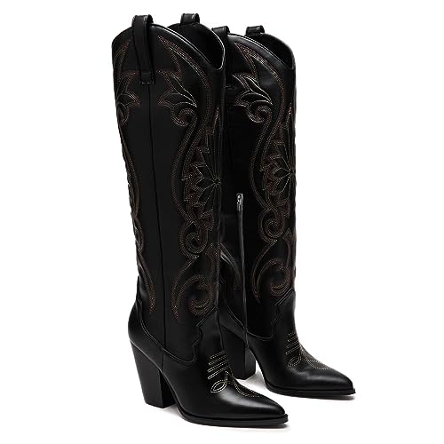 Image of VOMIRA Knee High Cowboy Boots for Women Pointed Toe Chunky High Heels Pull-on Embroidered Boots Western Boots Wide Calf Cowgirl Boots