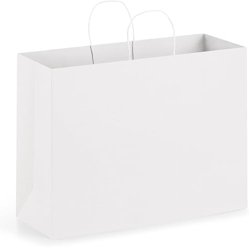Eupako Bolsas de papel de 16 x 6 x 12 pulgadas, bolsas de papel grandes blancas con asas a granel, bolsas de papel Kraft, bolsas de compras de