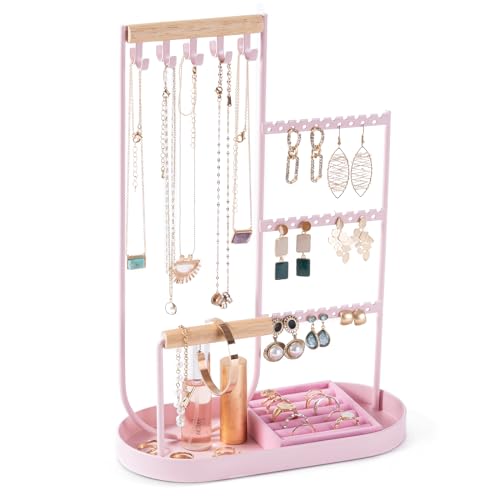 ProCase Jewelry Organizer Tower, 10 Hooks Jewelry Storage Rack Tree Holder Stand with Velvet Ring Display Tray for Necklaces Bracelets Earrings Rings Watches -Pink