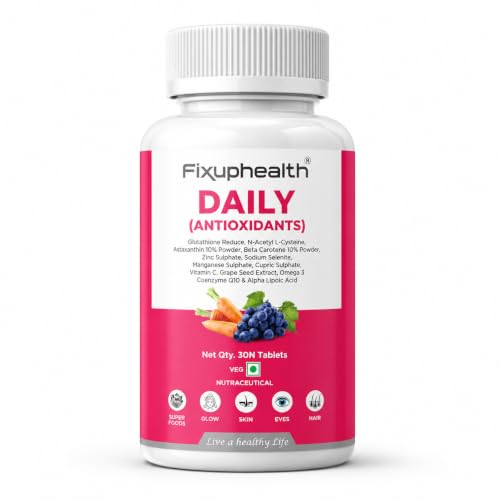 Image of Fixuphealth Daily Antioxidants Coenzyme Q10 & Glutathione Supplement | NAC, Astaxanthin, Alpha Lipoic Acid, Grape Extract, Zinc & Selenium | Skin Brightening, Hair, Eye & Immunity Support | 30 Tablet