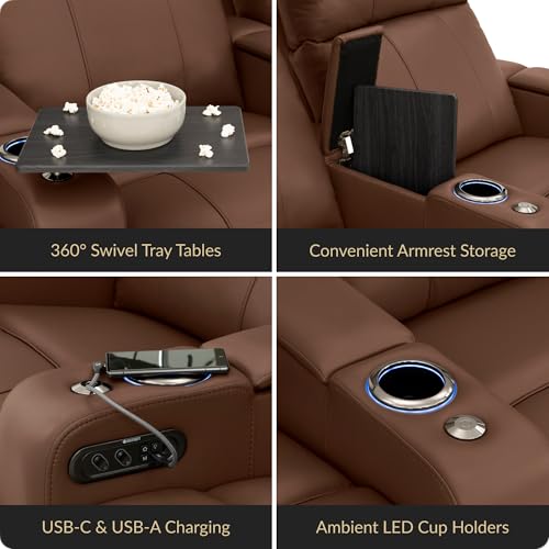 Image of Seatcraft Monterey Tobacco Italian Leather Home Theater Seating, Zero Gravity Power Recliner, Gaming and Home Office Chair, Powered Headrest Furniture for Family Cinema Room, Single Recliner
