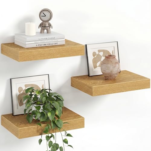 Image of Fun Memories 12 Inch Floating Shelves for Wall Set of 3, Wood Grain Bathroom Shelves with Invisible Brackets, Easy Install Wood Storage Shelves for Kitchen, Living Room, Bedroom, Oak