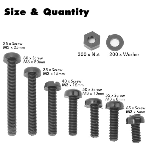 800PCS M3 Screws Assortment,Nylon Screws,Assorted Machine Screws M3 Nylon Screw Nut Black Socket Head Screw Washer Combination Kit Fasteners Hardware Accessories Hex Socket Cap Hex Nut