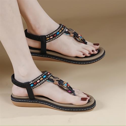 Womens String Bead Casual Elastic Band Bohemian Beach Shoes Sandals Elastic Ankle Strap Low Wedges Sandals Rhinestone Cute Sandal Dressy Flats4