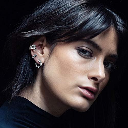 Diamond Ear Cuffs Wrap Earrings Dainty Sparkling CZ Crystal Layers Clip On Huggie Hoops Cartilage Earring Fake Nose Ring Non Piercing Ear Jewelry Gifts for Women BFF (Silver,3 Row) - Image 2