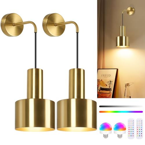 Image of VerRon Rechargeable Battery Operated Wall Sconce Set of Two, Gold Wireless Battery Powered Lights with Dimmable Detachable Bulbs & Remote, Modern Sconces Wall Decor for Bedroom Living Room Hallway