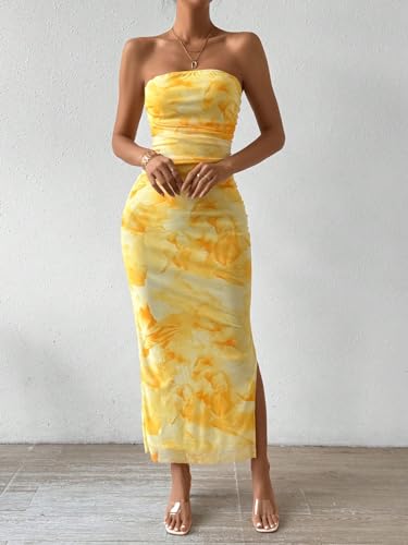 Image of GORGLITTER Women's Floral Strapless Bodycon Wedding Guest Dress Vacation Summer Birthday Tropical Maxi Long Sun Dresses