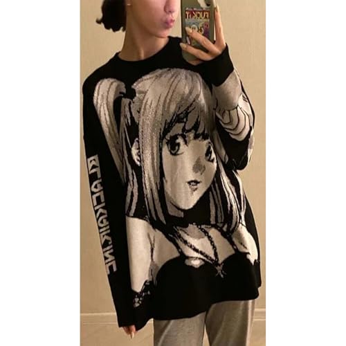 Black Anime Girl Doll Sweater Hip Hop Loose Wind Long Sleeve Round Neck Pullover Knit Sweater3