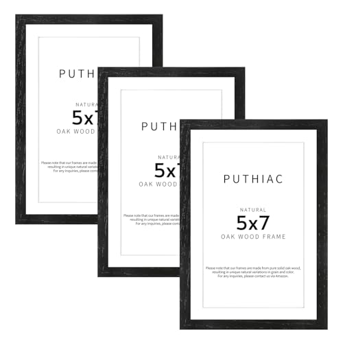 puthiac 5x7 Oak Wood Picture Frame - Minimalist 5x7 Picture Frame, 5"x7" Frame Wood, Natural Solid Wooden Picture Frames for Wall Art Photo and Prints(3 Pack, Black)