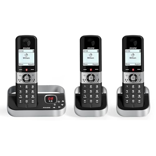 ALCATEL F890 Voice Trio - Cordless Phone DECT With Answering Machine - High Resolution Graphical Display - Handsfree - Call Barring - VIP Ringtone - 50 Min Answering Machine - 3 Handsets - Black/Grey