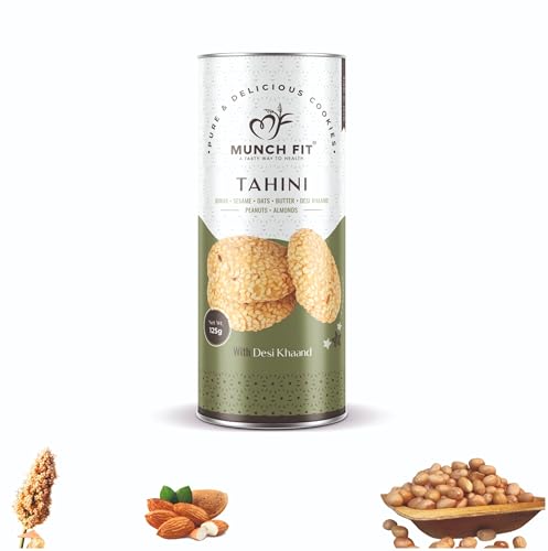 Image of Munch Fit Jowar Sesame Oats Tahini Cookies | Egg Less Cookies Made with Desi Khand 125gm Pack of 2 | Healthy Multigrain Cookies | High Protein, Fiber Gluten Free | Natural Snack for Tea, Coffee & Kids
