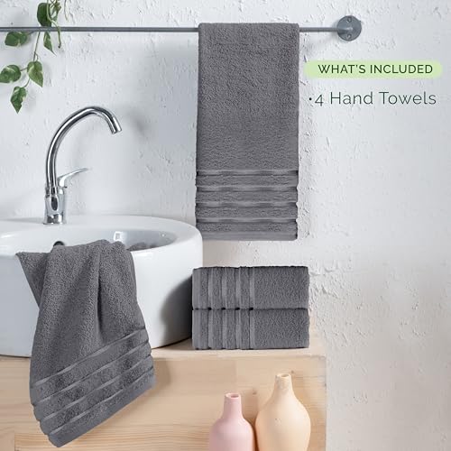 Image of Elegant Comfort 100% Turkish Cotton 4 Lines Viscose Stripe Luxury 4 Pack Hand Towel Set - Ultra Absorbent and Soft 16 x 28 Inch Premium Hotel Spa Quality Towels for Everyday Bath Use, Gray
