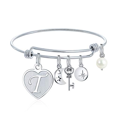 Bracelets for Teen Girls Gifts - T Initial Charm Bracelets Stainless Steel Heart Moon Charm 26 Letters Alphabet Bracelet Jewelry Christmas Valentines Birthday Gifts for Adult Women Teen Girls