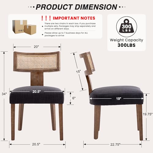 Image of HNY Mid Century Modern Rattan Dining Chairs Set of 2, Farmhouse Linen Upholstered Accent Chair Curved Backrest Kitchen Chairs, with Hardwood Frame, Charcoal