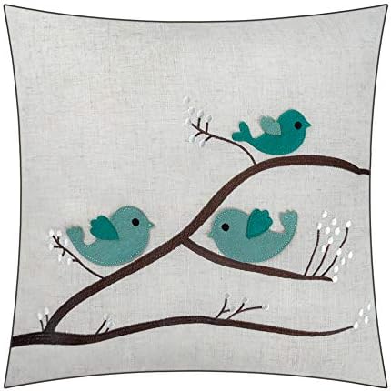 JWH Birds Pillow Covers 18x18 Decorative Throw Pillow Tree Embroidered Accent Pillow Cases Teal Cushion Cute for Home Couch Bed Living Room Bedroom Decor Euro Shams White and Blue