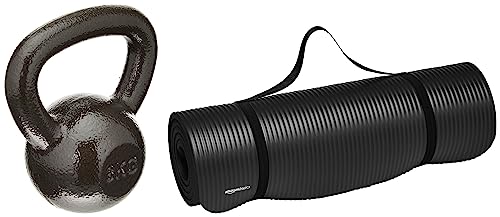 Image of AmazonBasics Cast Iron Kettlebell (8 kg) & Amazon Basics 13mm Extra Thick NBR Yoga and Exercise Mat with Carrying Strap, Black