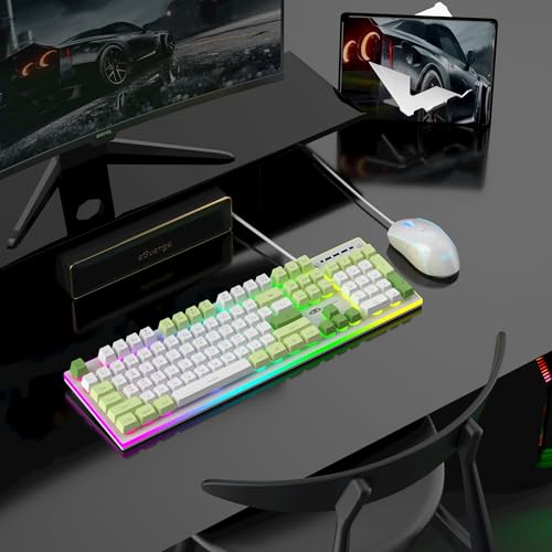 Image of MageGee GT838 Gaming Keyboard and Mouse Combo, 104 Keys RGB Backlit Quiet Wired Keyboards with Number Pad, Metal Panel, Anti-Ghosting, Keyboards Set for Desktop, Laptop, PC, Green