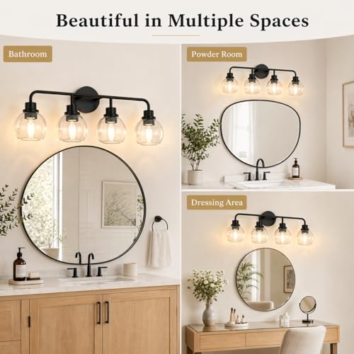 Image of DORESshop Bathroom Light Fixtures, 4-Light Black Vanity Lights Over Mirror, Wall Lamp Clear Glass for Living Room Decor Bedroom Porch Cabinet