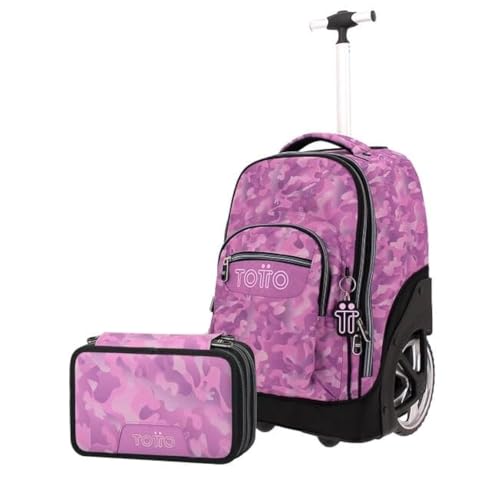 TOTTO - Pack Escolar X2 Mochila Escolar Papel de Ruedas + Estuche Escolar Pluma de 3 Compartimentos, Mochila de 33 L con Organizador, para Material Escolar, Estampado Camuflaje Rosa