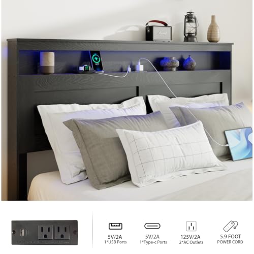 Image of King Size Wooden Bed Frame with Headboard, Rustic Farmhouse Wooden Bedframe with LED Lights and Charging Station, Easy Assembly, No Box Spring Needed (Black, King)