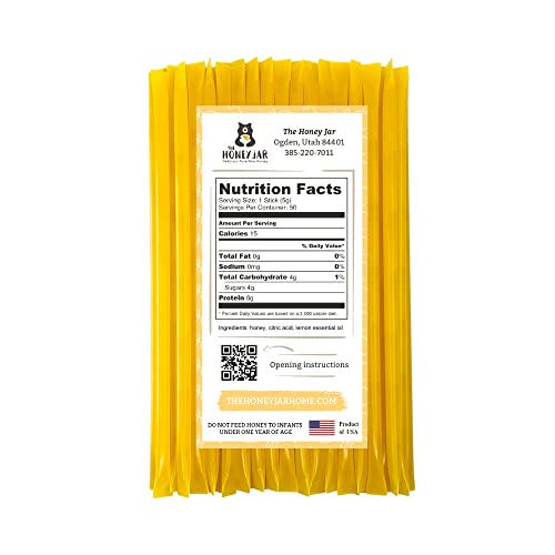 The Honey Jar Lemon Flavored Honey Sticks - Pure Honey Straws For Tea, Coffee, or a Healthy Treat - One Teaspoon of Flavored Honey Per Stick - Made In The USA with Real Honey - (50 Count)
