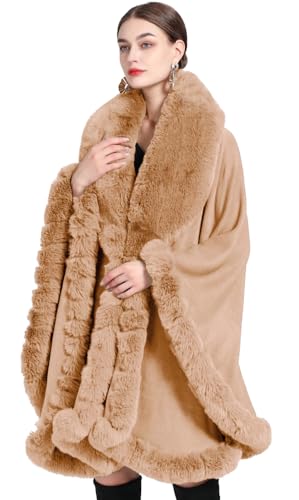 Image of Women Poncho Cape Faux Fur Collar Knitted Cardigan Sweater Batwing Long Sleeve Shawl Wrap Coat Oversized Cloak