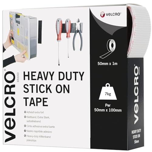 Velcro Marque, Rouleau Adhésif Auto-Agrippant Industriel Très Résistant Double Face Avec Crochets Et Boucles Parfait Pour La Décoration De La Pièce, Le Bureau Et Dans Le Garage, Blanc, 50Mm X 1M