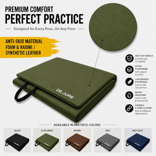 Image of De Jure Fitness PVC Leatherette Yoga Mat 10mm Thick | Non-Slip XL Exercise Mat | High-Density Cushioning | Odorless, Eco-Friendly & Sweat-Resistant | Home Gym Workout Mat | Olive Green - 10MM