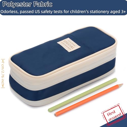 Image of Large Capacity Big Special Cute Aesthetic Preppy Canvas Pencil Case Organizer Holder Pouch Bag with Zipper Compartments, Pen Cases for Women Girls School Adults (Navy)
