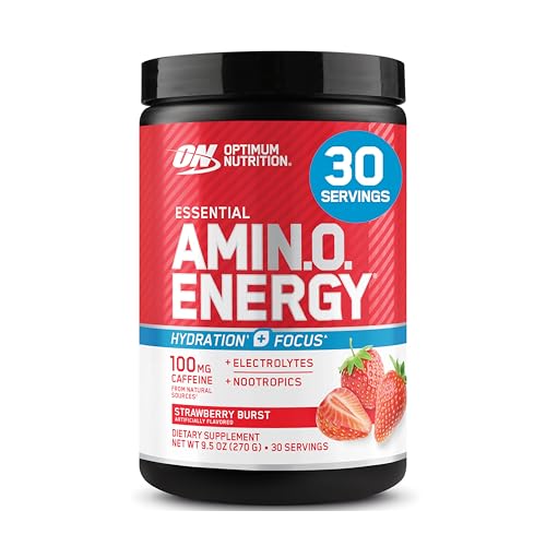 Optimum Nutrition Amino Energy Powder Plus Focus, with BCAA, Electrolytes, and Caffeine, Juicy Strawberry, 30 Servings (Packaging May Vary)