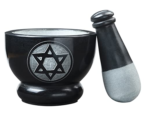 Crocon Black Marble Mortar And Pestle Set With Star Of David Symbol Hand Grinder Set For Herbs Spices Pastes Pesto Natural Handmade Crusher Stone 4 Inch For Kitchen Essential Best Gift #TOP2