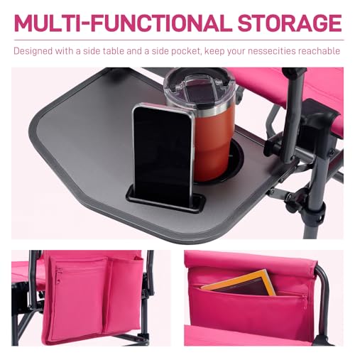 EVER ADVANCED Camping Directors\' Chair with Side Table, Portable Folding with Compact Size, Heavy Duty Lawn Chair with Pocket for Camping, Lawn, Sports and Fishing, 400lbs, Pink - Thumbnail 7
