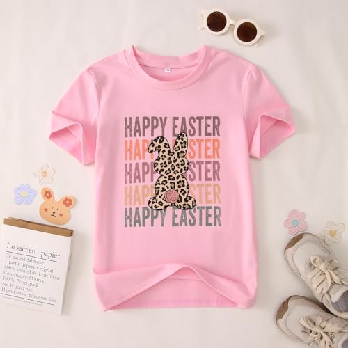 Image of GLIGLITTR Girls Happy Easter Shirts Leopard Bunny Tshirt Cute Rabbit Outfits Kids Easter Holiday Short Sleeve Tee Tops 7-12Y