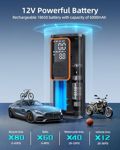 Image of EBOSSOM Tire Inflator Portable Air Compressor, Car Air Pump with Pressure Gauge, 150 PSI Cordless Tire Inflator Rechargeable with Display & LED for Car, Motocycle, Bikes, Balls, Swim Ring