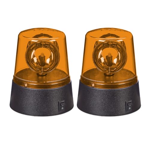 Relaxdays Rundumleuchte, 2er Set, drehender Reflektor, Geburtstag, batteriebetrieben, LED Partylicht, orange/schwarz