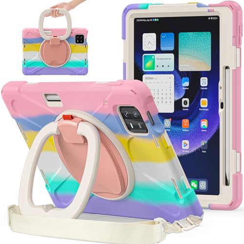 Funda para Xiaomi Pad 6 resistente con soporte de 360 grados y correa rosa