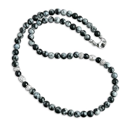 Mami's Gem Studio Men's Necklace, 6mm Gemstone - Classy Style Collection - Handcrafted in USA (Snowflake Obsidian, 18 inches)