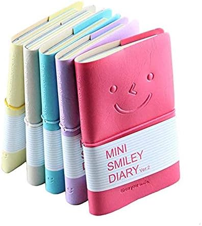 CRIVERS 5pc Portable mini smiley diary paper notebook, memo, leather case, 100 Sheets (Random Color)