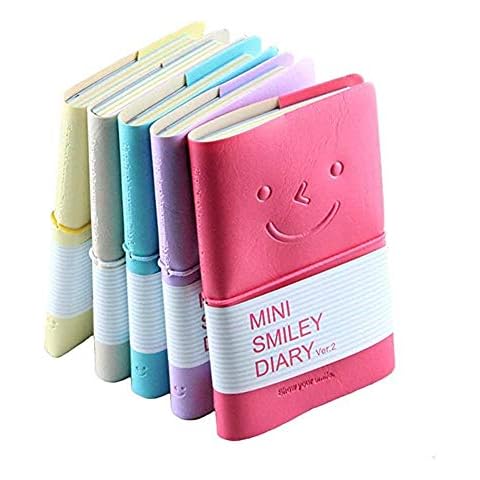 Mini Smiley Notebook, CRIVERS Smile-Design Diary/Journal with Rubber Band, One of the Most Fashionable Memo Pads with Imitation-Leather Cover (Random Color, Pack of 5) Cover