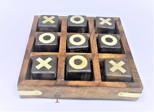 Image of Handcrafted Rosewood Tic Tac Toe Board Game, Sheesham Wood Construction, Classic Family Game with Glass Marbles (5x5inch)