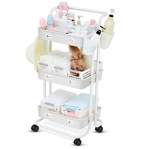 Image of Tanlade Baby Diaper Cart Organizer 3 Tier Diaper Caddy Organizer with Wheels Baby Diaper Storage Organizer Nursery Cart Diaper Caddy with Baskets Hanging Cups Sticker for Crib Changing Table, White