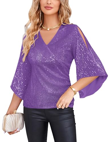 Image of GRACE KARIN Women's Sequin Sparkly Top for Evening Party Long Sleeve Wrap Glitter Blouses Elegant Sequined Christmas Outfits Light Purple XXXL