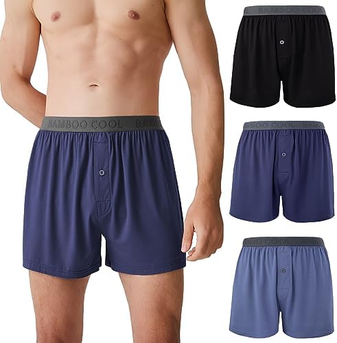 BAMBOO COOL Mens Boxer Shorts Underwear Soft Comfortable Breathable Knit Boxers Short for Men (3 Pack), Large