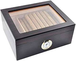 Eitida Desktop Humidor Case Holds 25-50 Cigar, Tempered Glass Top Display, Handcraft Spanish Cedar Wood Storage Box with Divider, Humidifier and Hygrometer, Ebony Black Finish.