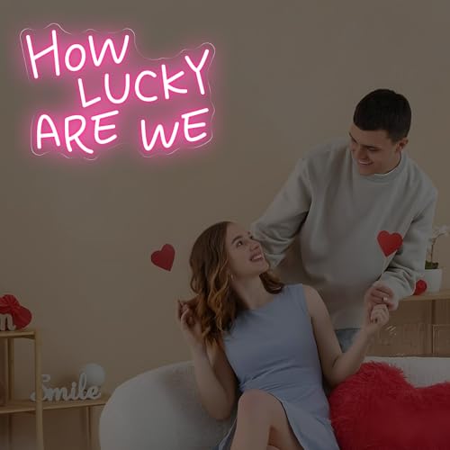 Image of How Lucky Are We Neon Sign, Romantic Anniversary LED Light, Home Bedroom Wall Decor,Valentine's Day Decor, Wedding Neon Wall Art, Light Pink, 15.7 inchx11 inch