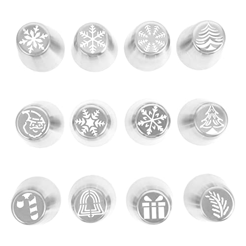 12Pcs Chritsmas Russian Piping Tips Holiday Design Icing Nozzel Flower Frosting Tips Cupcakes Cookies Cake Decorating Tools for Xmas Birthday Wedding Party Supplies