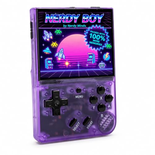 Nerdy Boy Retro Handheld Game Console – 3.5” IPS Screen, 64GB, Portable Emulator System with 12 Classic Platforms, 2000mAh Battery, AV Out – Retro Gaming Device (Atomic Purple)