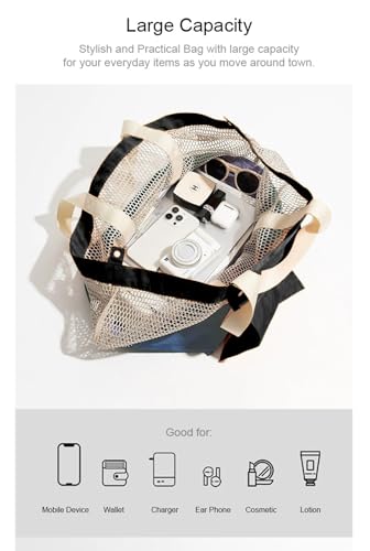 Reversible Mesh Canvas Tote Bag - Two-Tone Patchwork Shoulder Bag, Lightweight & Foldable for Beach, Gym, Travel3